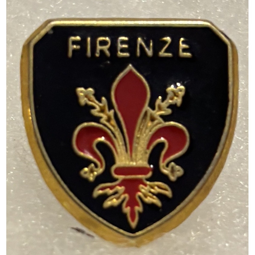 Firenze Lettered Crest Lapel Pin Fleur Di Lis Red Black & Gold Tone Enameled
